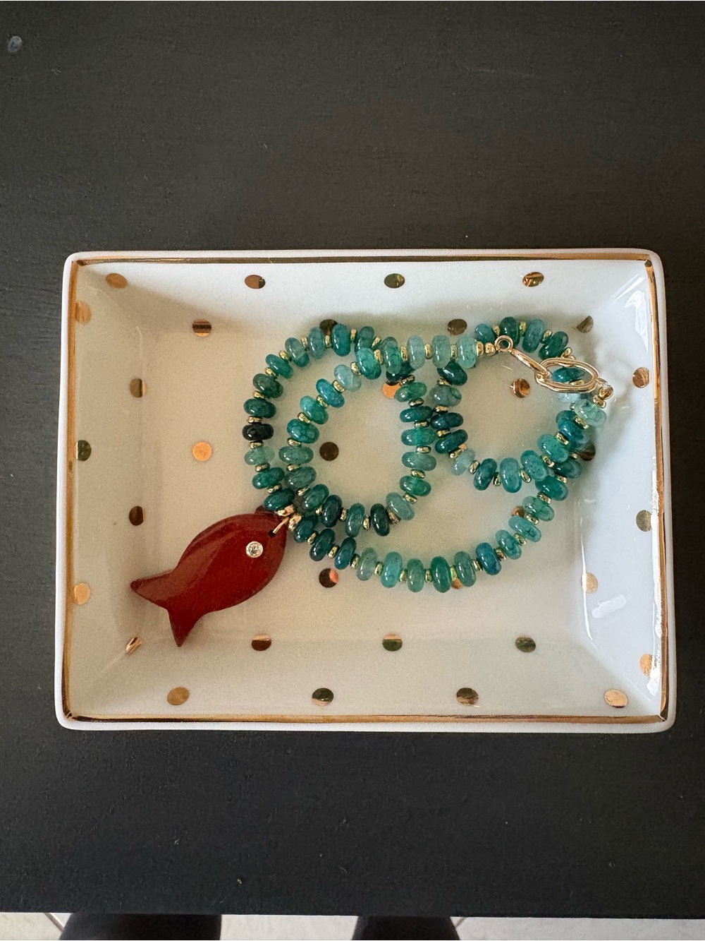 New Anthropologie Seafoam Green Beaded Necklace w/ Red Jasper Fish Pendant - Picture 4 of 6